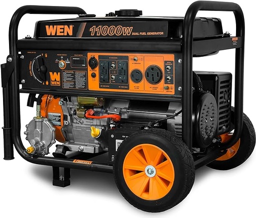 Generador portátil de combustible dual de 11,000 vatios 120V/240V con kit de rueda y arranque eléctrico, cumple con CARB, negro